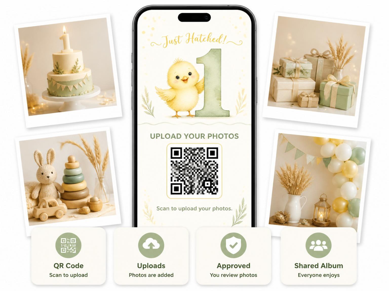 The shared photo gallery that comes with the Watercolor Chick Wheat 1st Birthday invitation