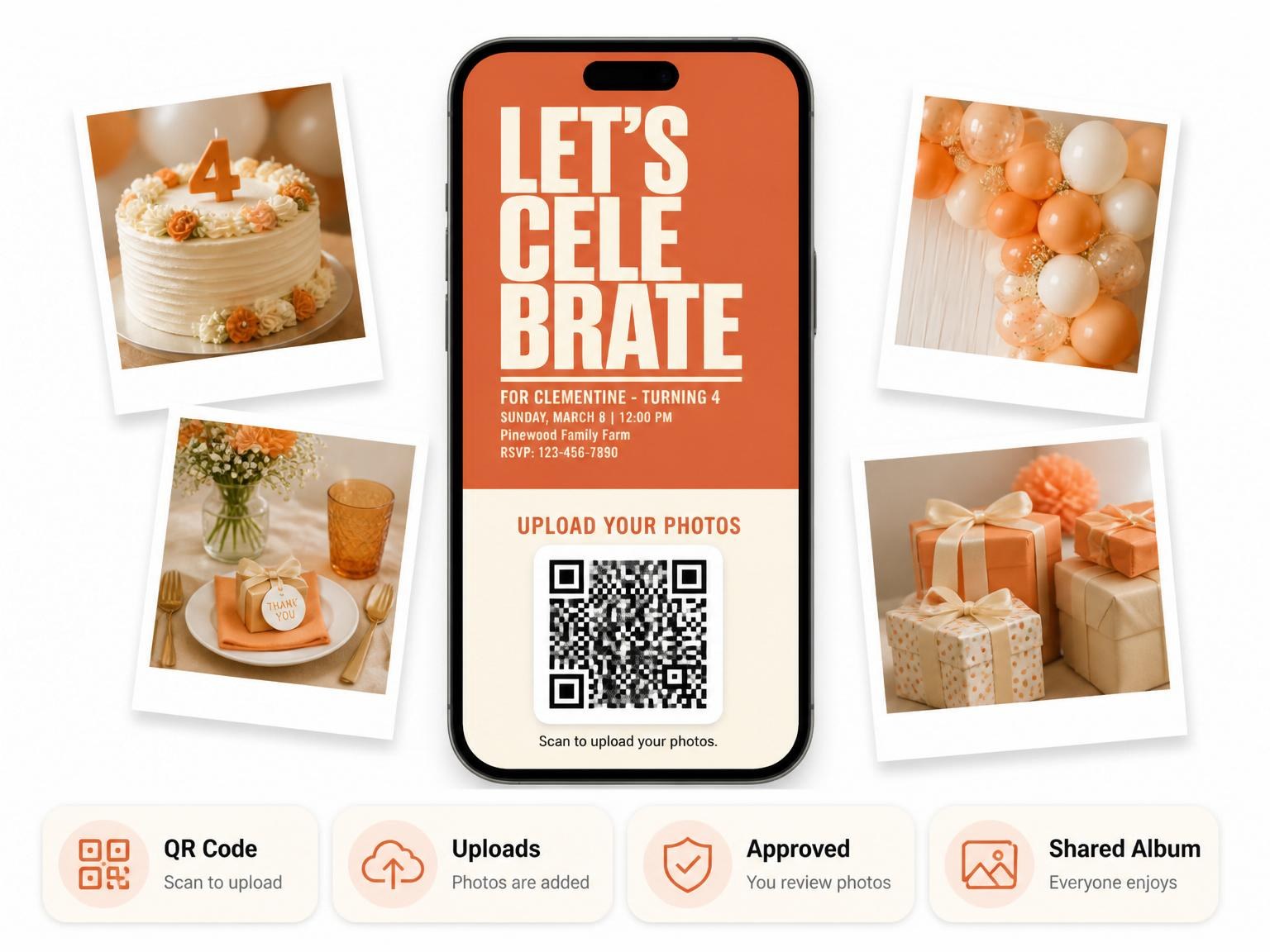 The shared photo gallery that comes with the Burnt Orange Retro Typography 4th Birthday invitation
