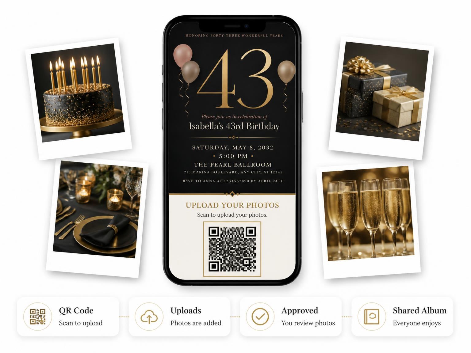 The shared photo gallery that comes with the Charcoal and Blush 43rd Birthday Invitation invitation