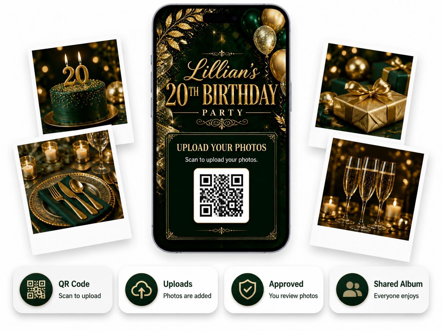 The shared photo gallery that comes with the Emerald and Champagne 20th Birthday Invitation invitation