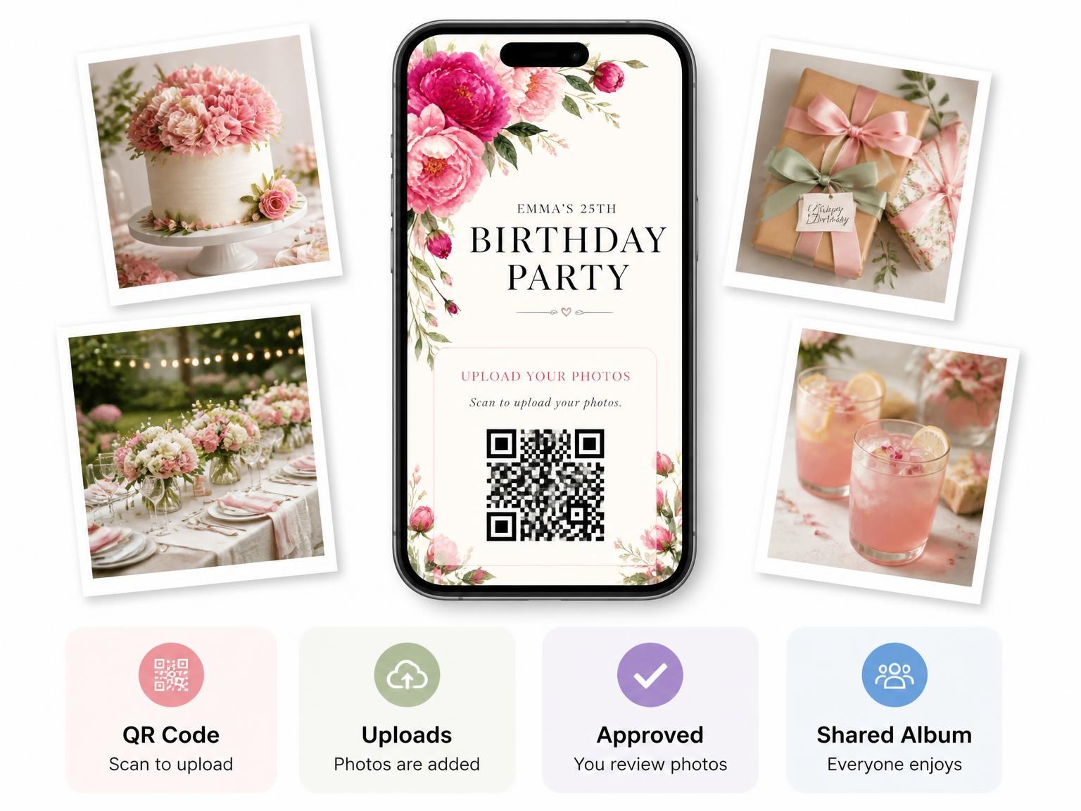 The shared photo gallery that comes with the Fuchsia Floral Bouquet 25th Birthday Invitation invitation
