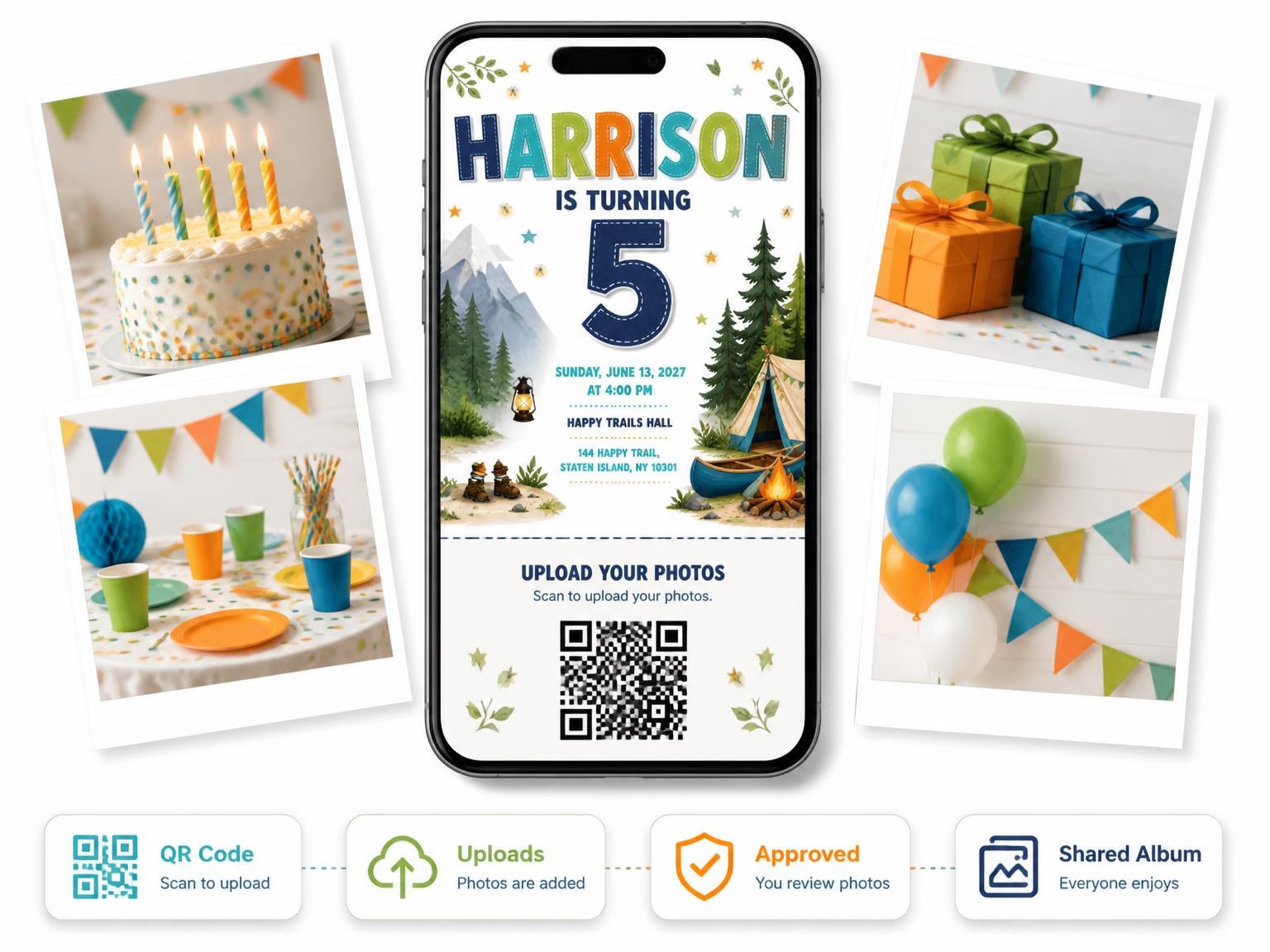 The shared photo gallery that comes with the Campsite Stitched 5th Birthday Invitation invitation