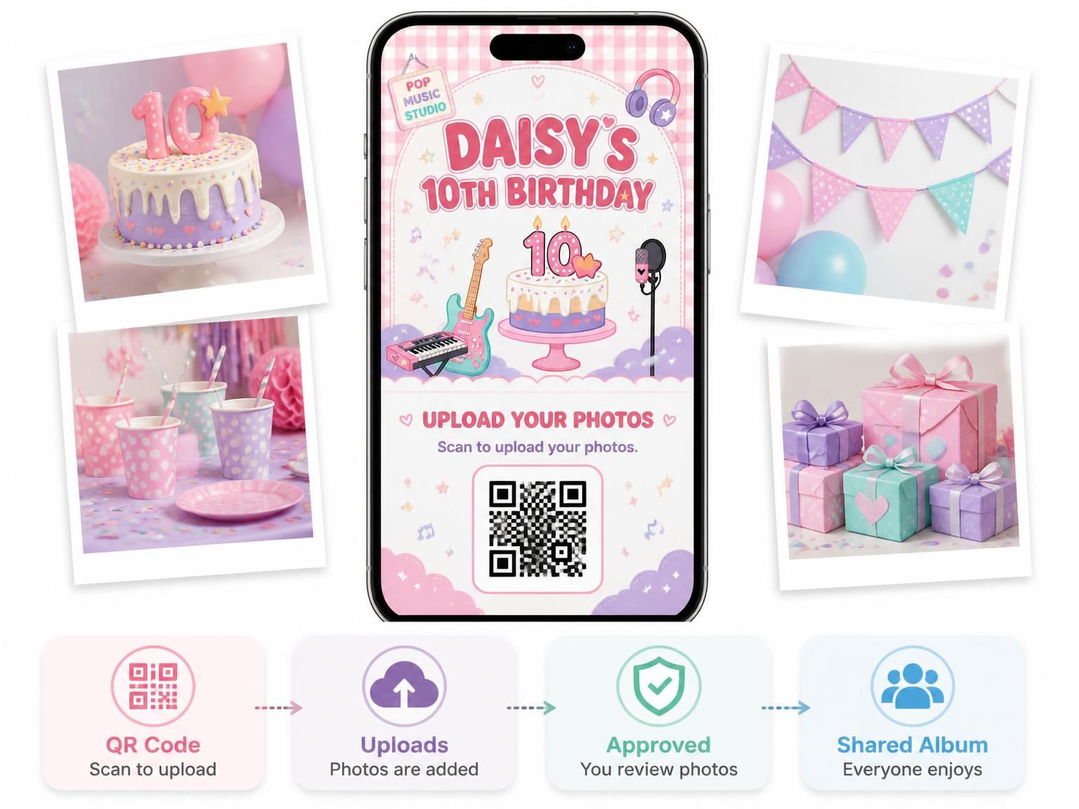 The shared photo gallery that comes with the Studio Mic Kawaii 10th Birthday Invitation invitation