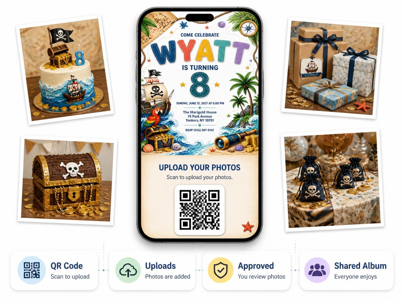 The shared photo gallery that comes with the Pirate Adventure 8th Birthday Invitation invitation