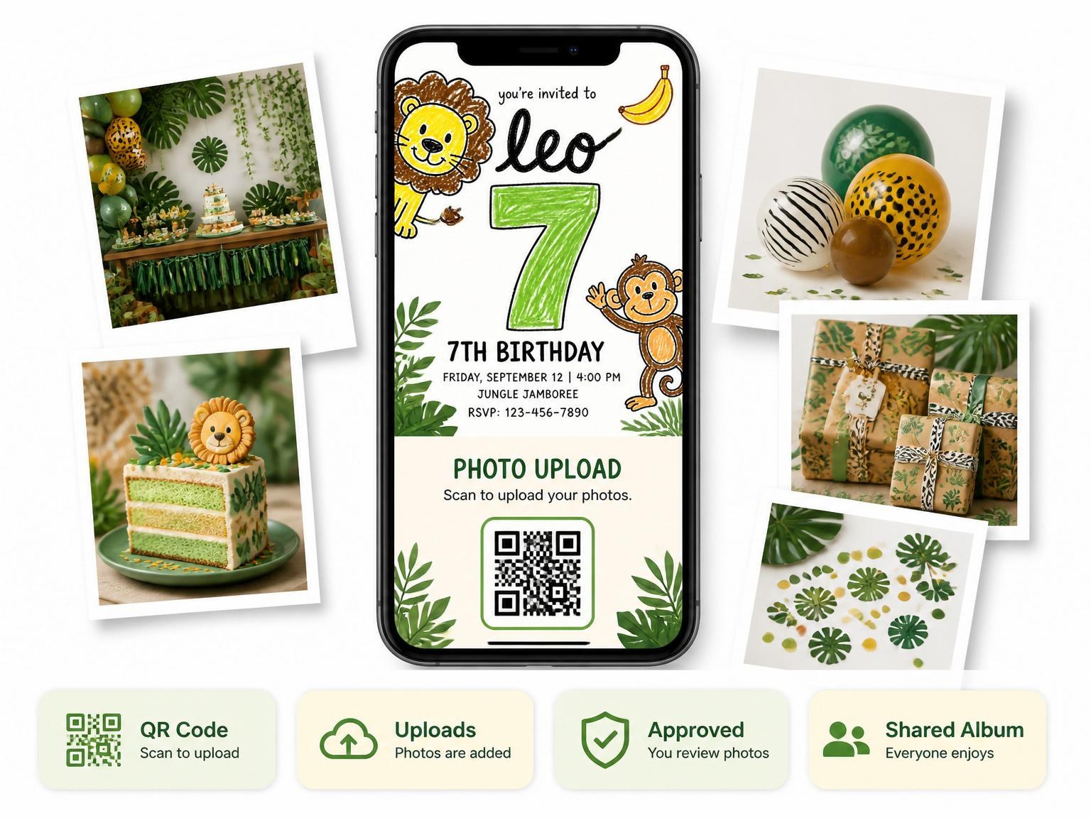 The shared photo gallery that comes with the Crayon Jungle Animal 7th Birthday Invitation invitation