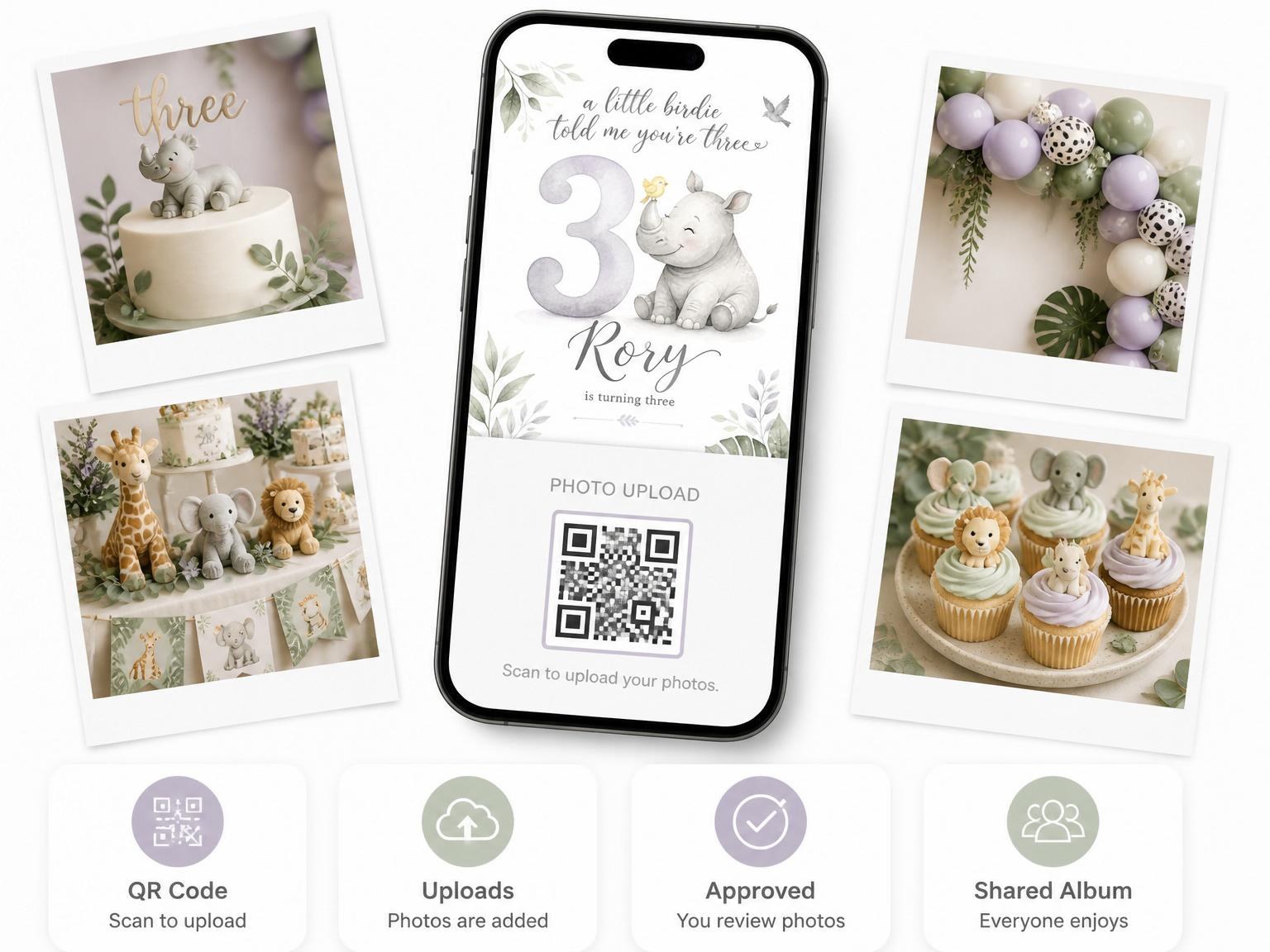 The shared photo gallery that comes with the Watercolor Rhino 3rd Birthday Invitation invitation