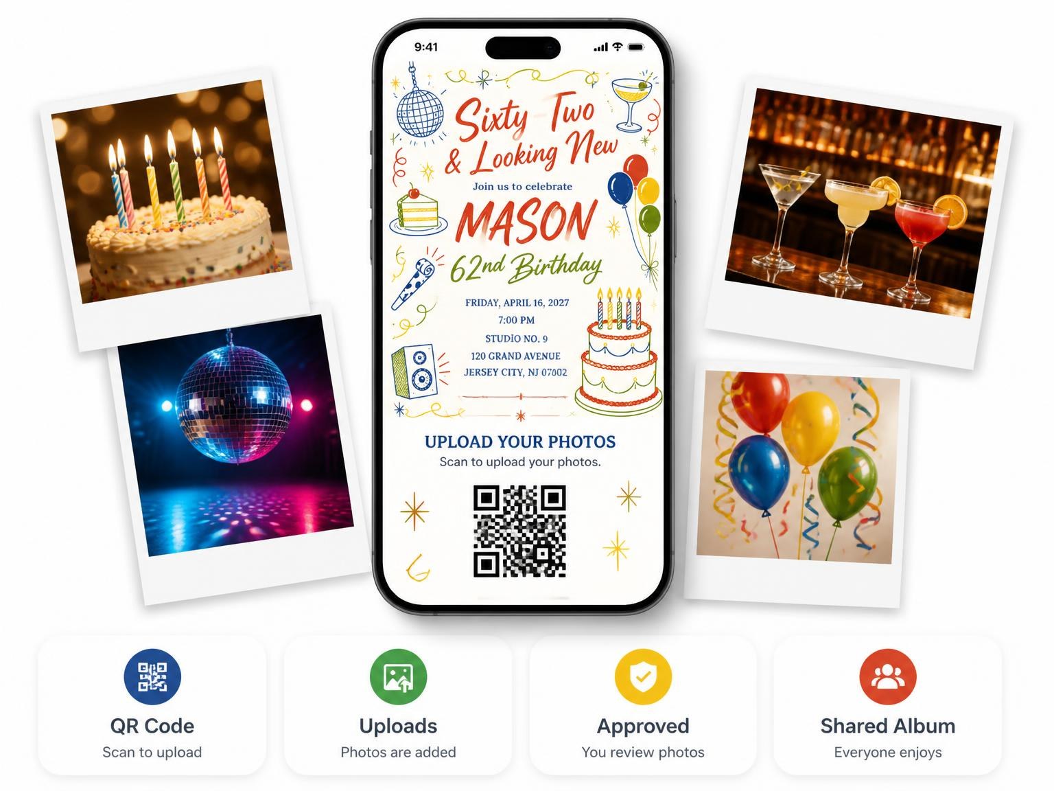 The shared photo gallery that comes with the Retro Doodle 62nd Birthday Invitation invitation