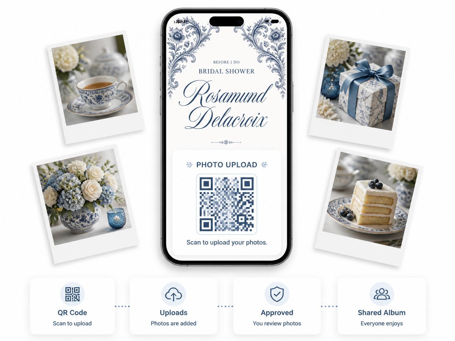 The shared photo gallery that comes with the Blue Chinoiserie Floral Bridal Shower invitation