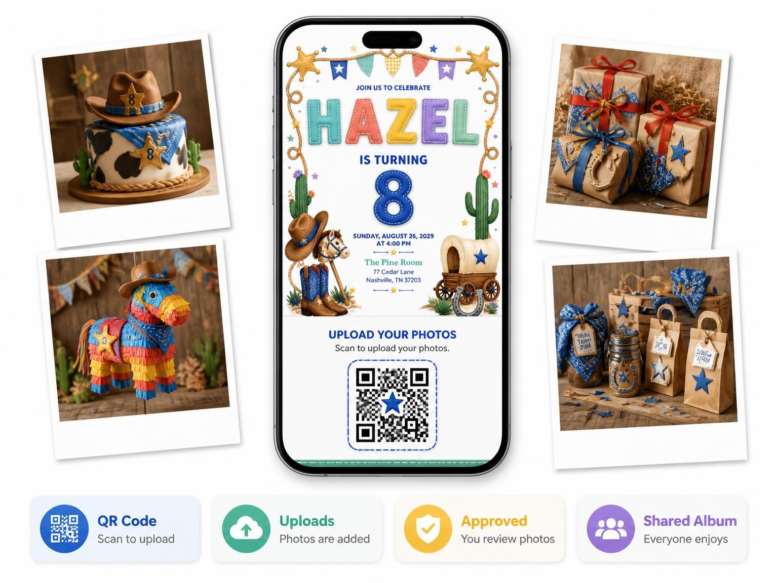 The shared photo gallery that comes with the Stitched Cowboy 8th Birthday Invitation invitation