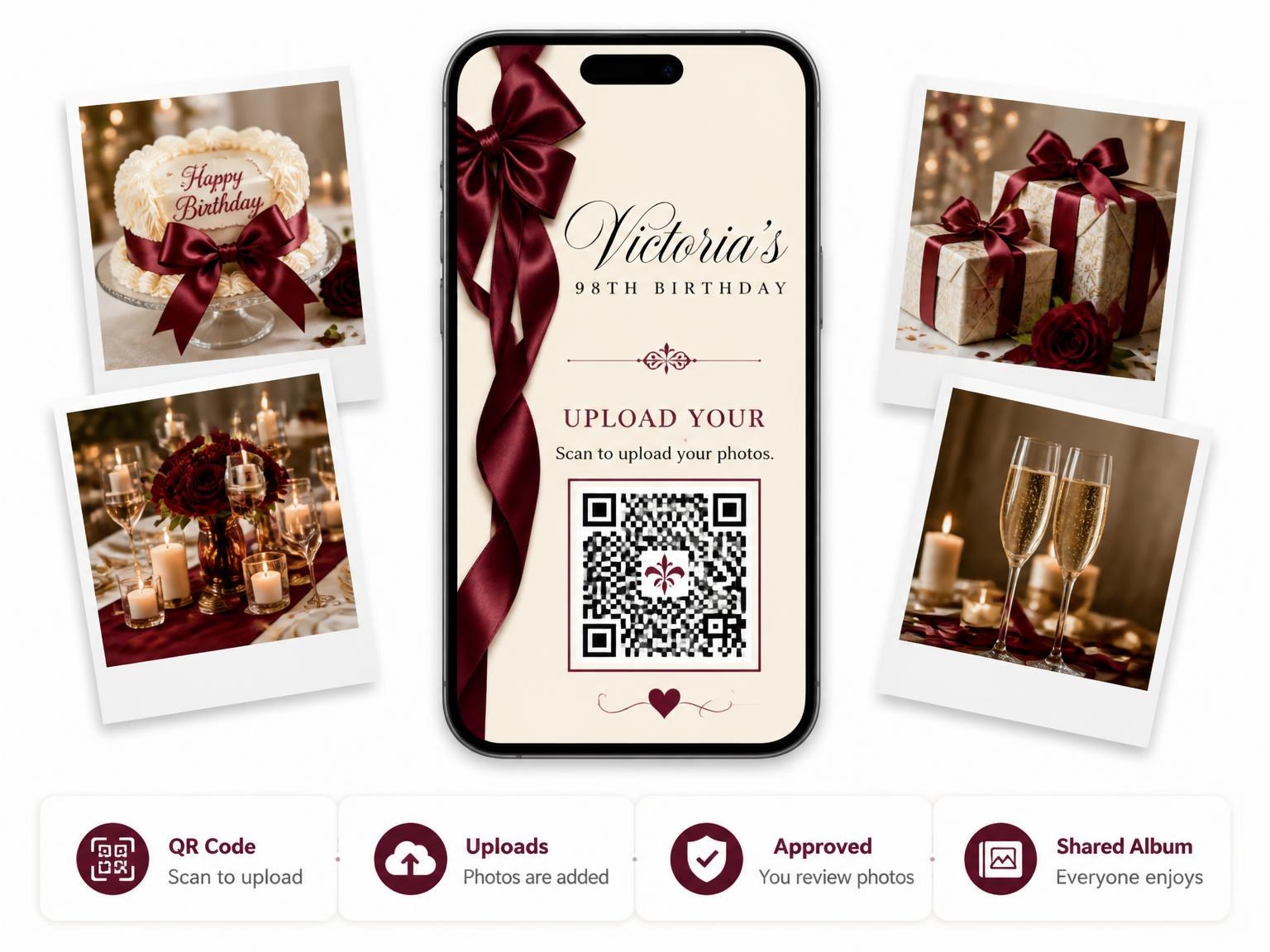 The shared photo gallery that comes with the Burgundy Satin Bow 98th Birthday Invitation invitation