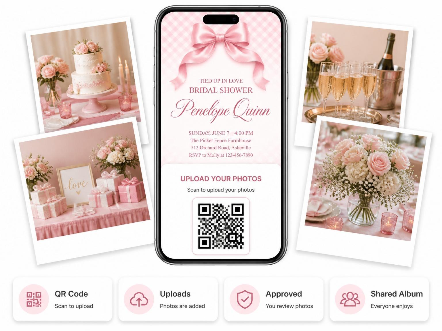 The shared photo gallery that comes with the Pink Gingham Bow Bridal Shower invitation