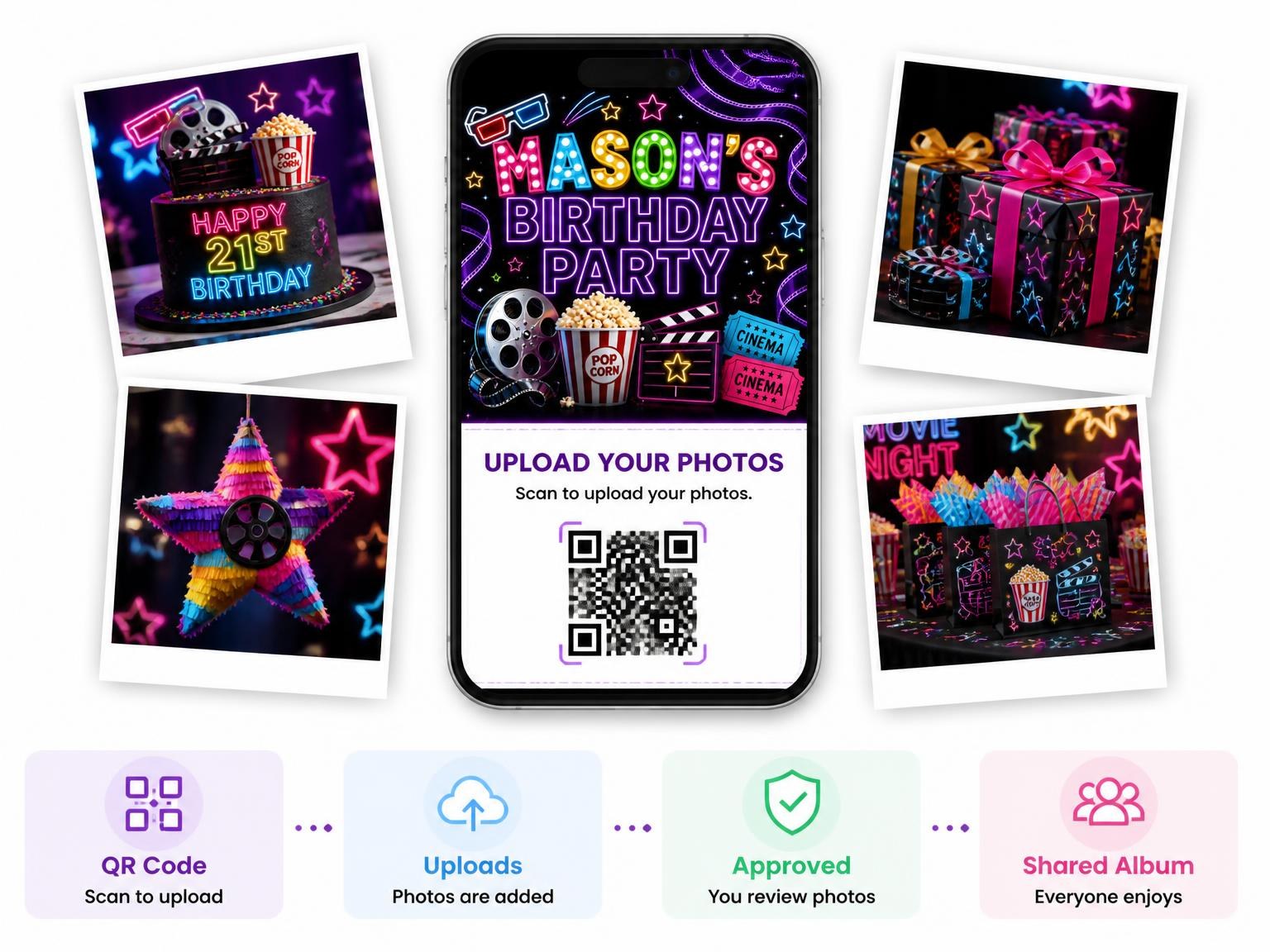 The shared photo gallery that comes with the Neon Movie Night 21st Birthday Invitation invitation