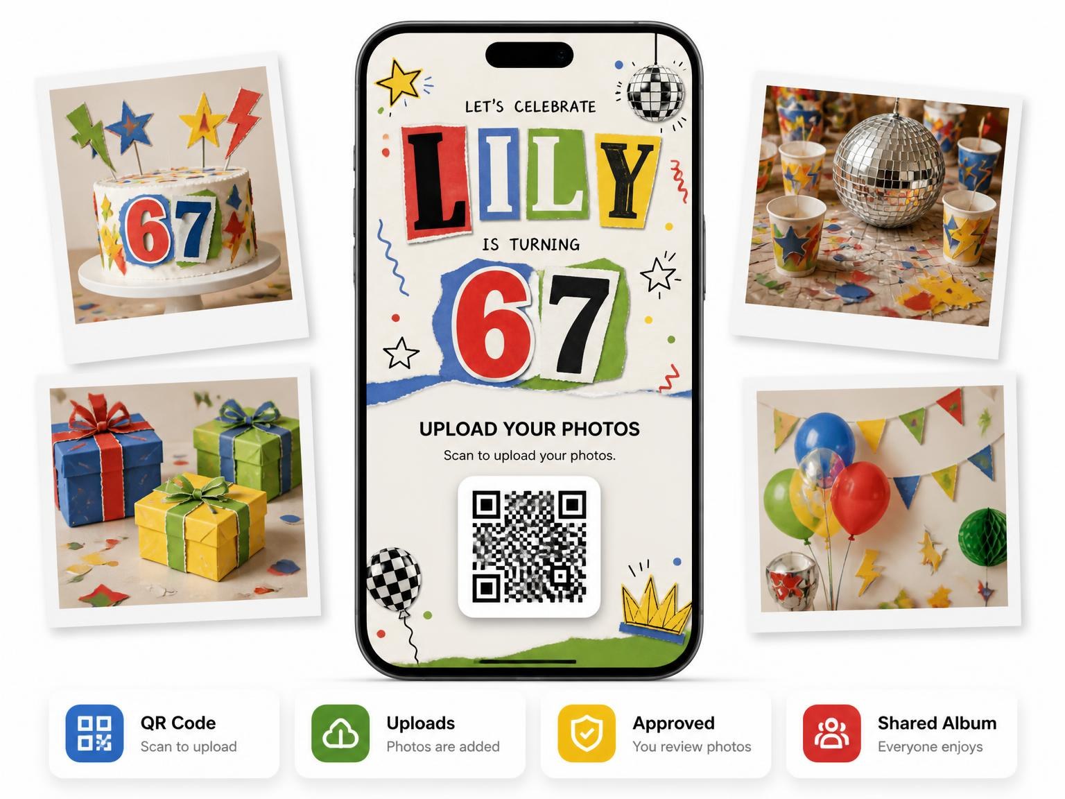 The shared photo gallery that comes with the Retro Paper Collage 67th Birthday Invitation invitation