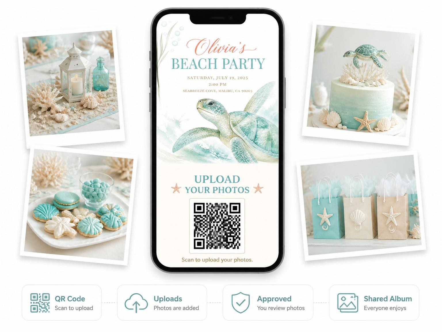 The shared photo gallery that comes with the Watercolor Sea Turtle Beach Party invitation