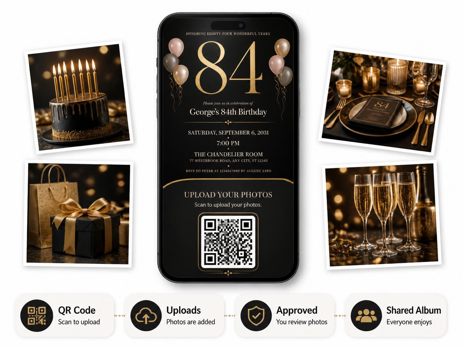 The shared photo gallery that comes with the Charcoal and Blush 84th Birthday Invitation invitation