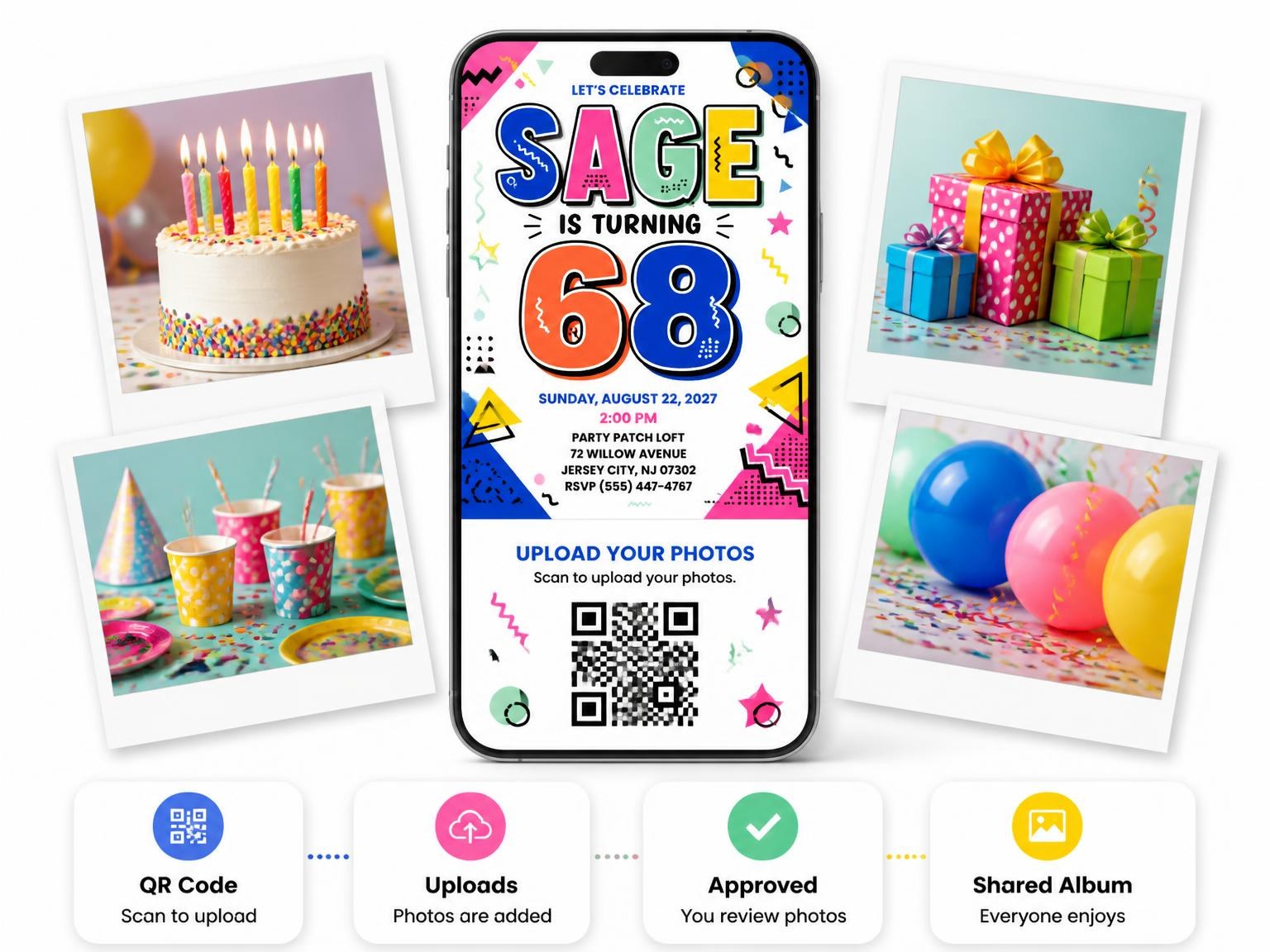 The shared photo gallery that comes with the Memphis Pop 68th Birthday Invitation invitation