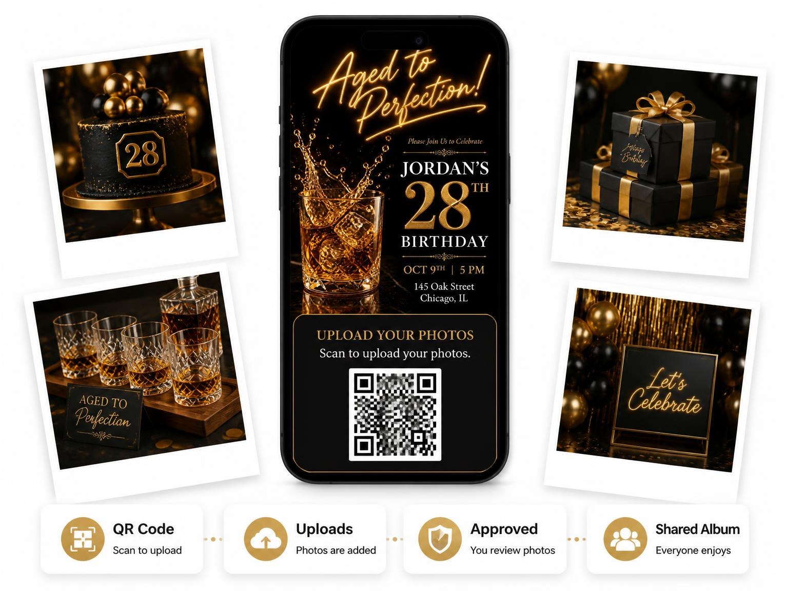 The shared photo gallery that comes with the Whiskey Glass 28th Birthday Invitation invitation