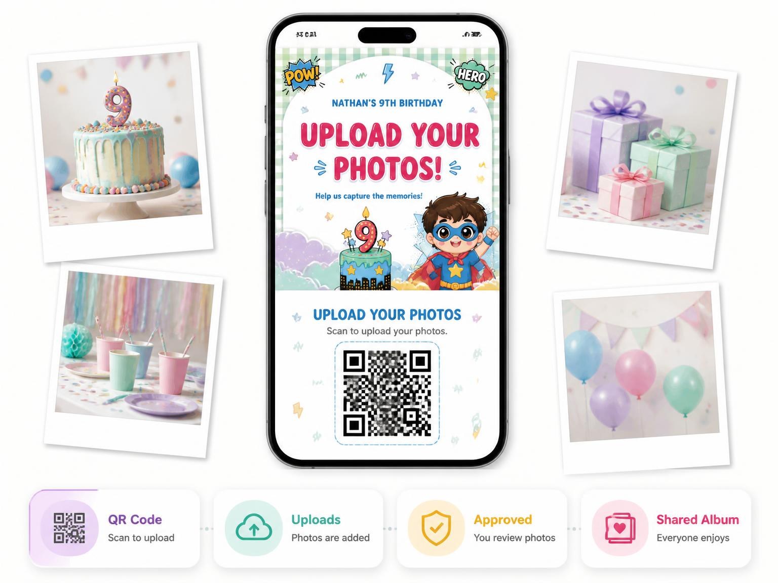 The shared photo gallery that comes with the Kawaii Superhero 9th Birthday Invitation invitation