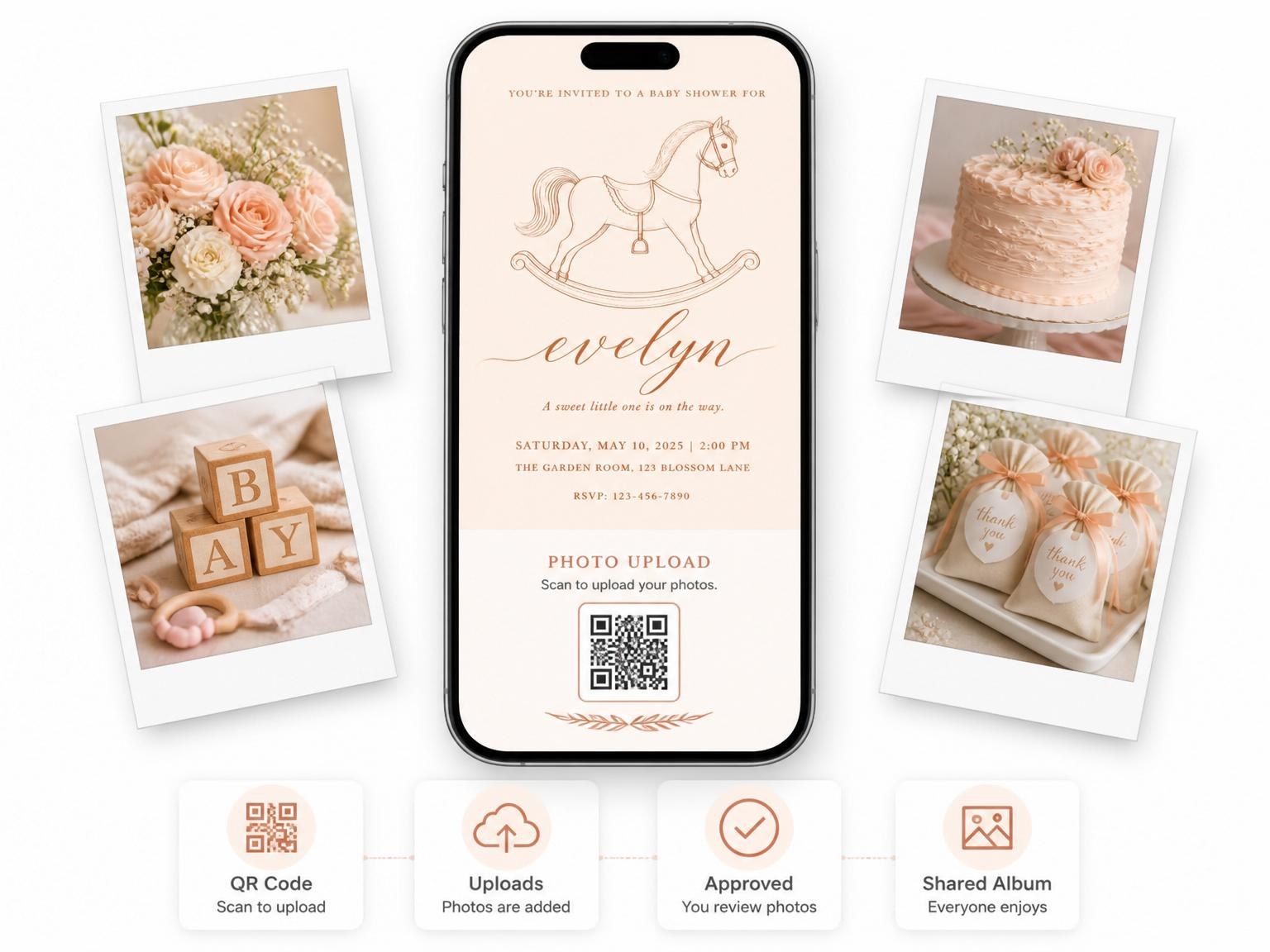 The shared photo gallery that comes with the Peach Minimalist Rocking Horse Baby Shower invitation