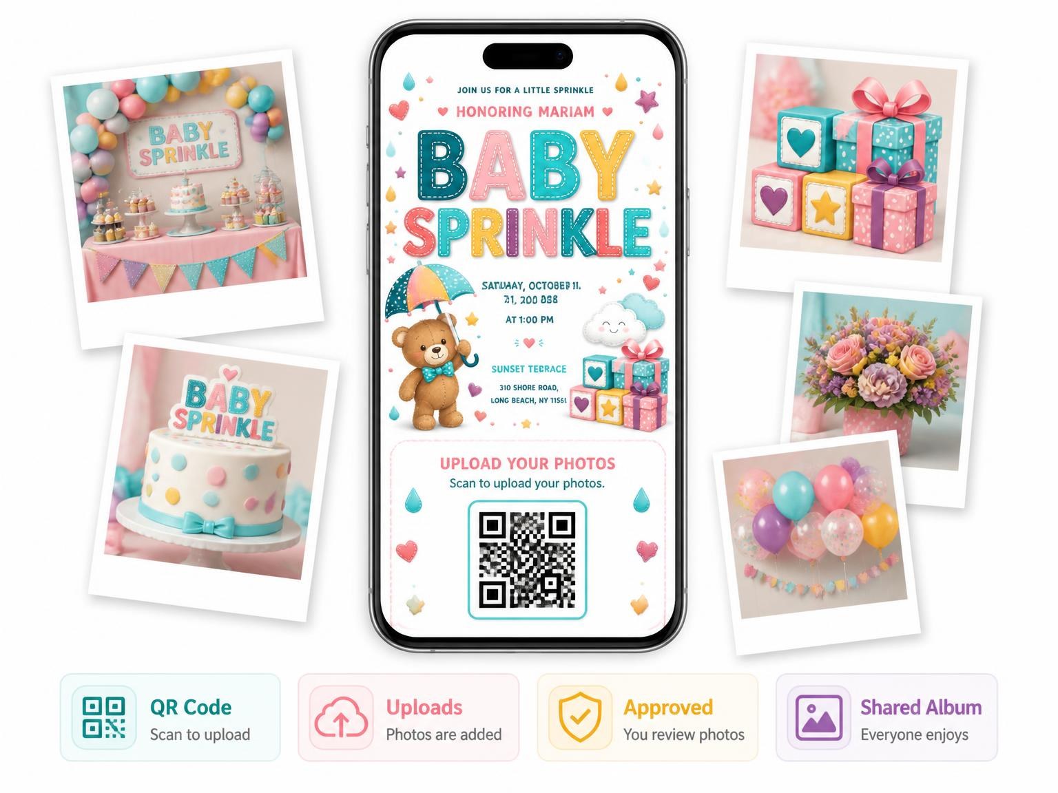 The shared photo gallery that comes with the Teddy Bear Umbrella Baby Sprinkle Invitation invitation
