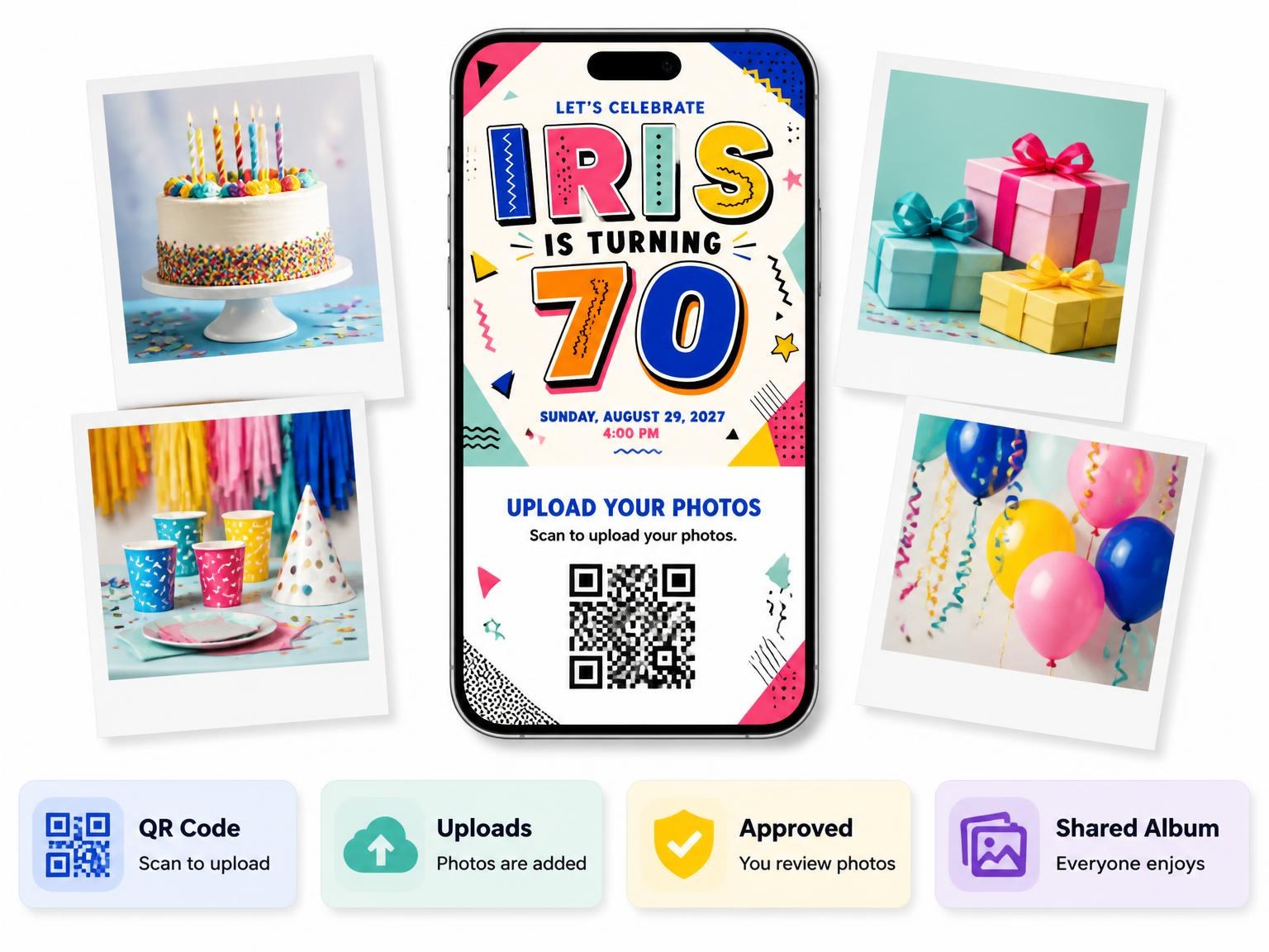 The shared photo gallery that comes with the Memphis Pop 70th Birthday Invitation invitation