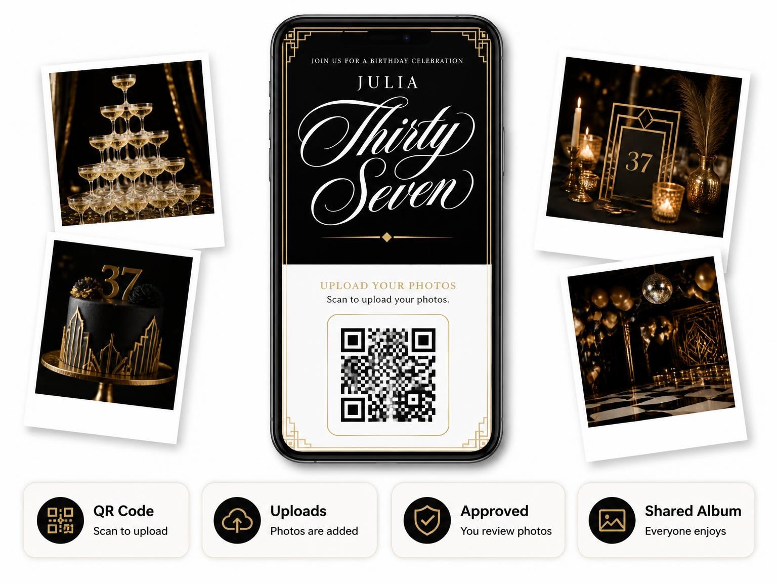 The shared photo gallery that comes with the Art Deco 37th Birthday Invitation invitation