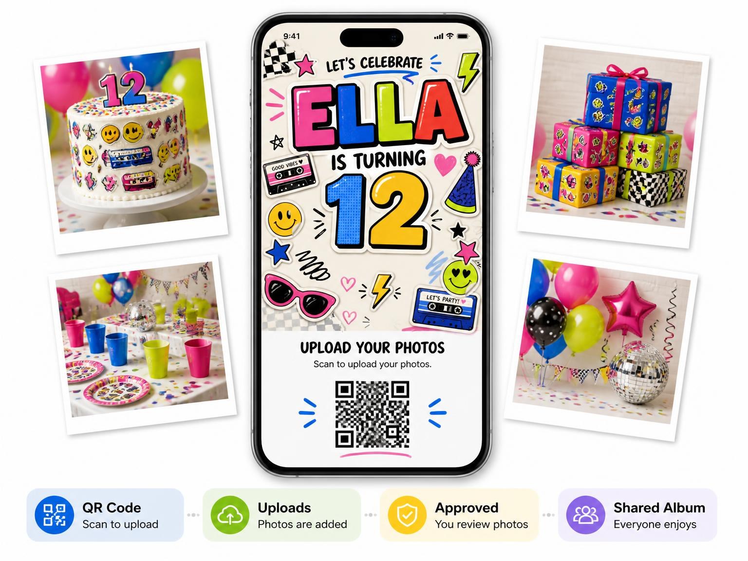 The shared photo gallery that comes with the Sticker Pop 12th Birthday Invitation invitation