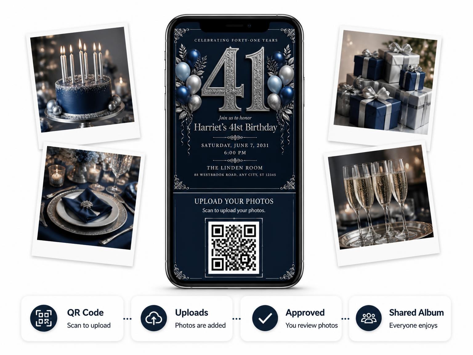 The shared photo gallery that comes with the Navy and Silver 41st Birthday Invitation invitation