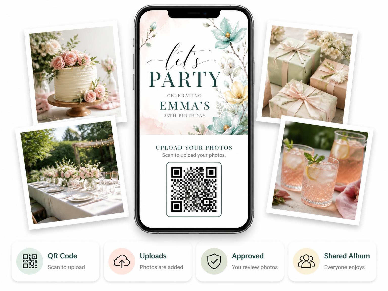 The shared photo gallery that comes with the Blossoms Leaves Mint 25th Birthday Invitation invitation