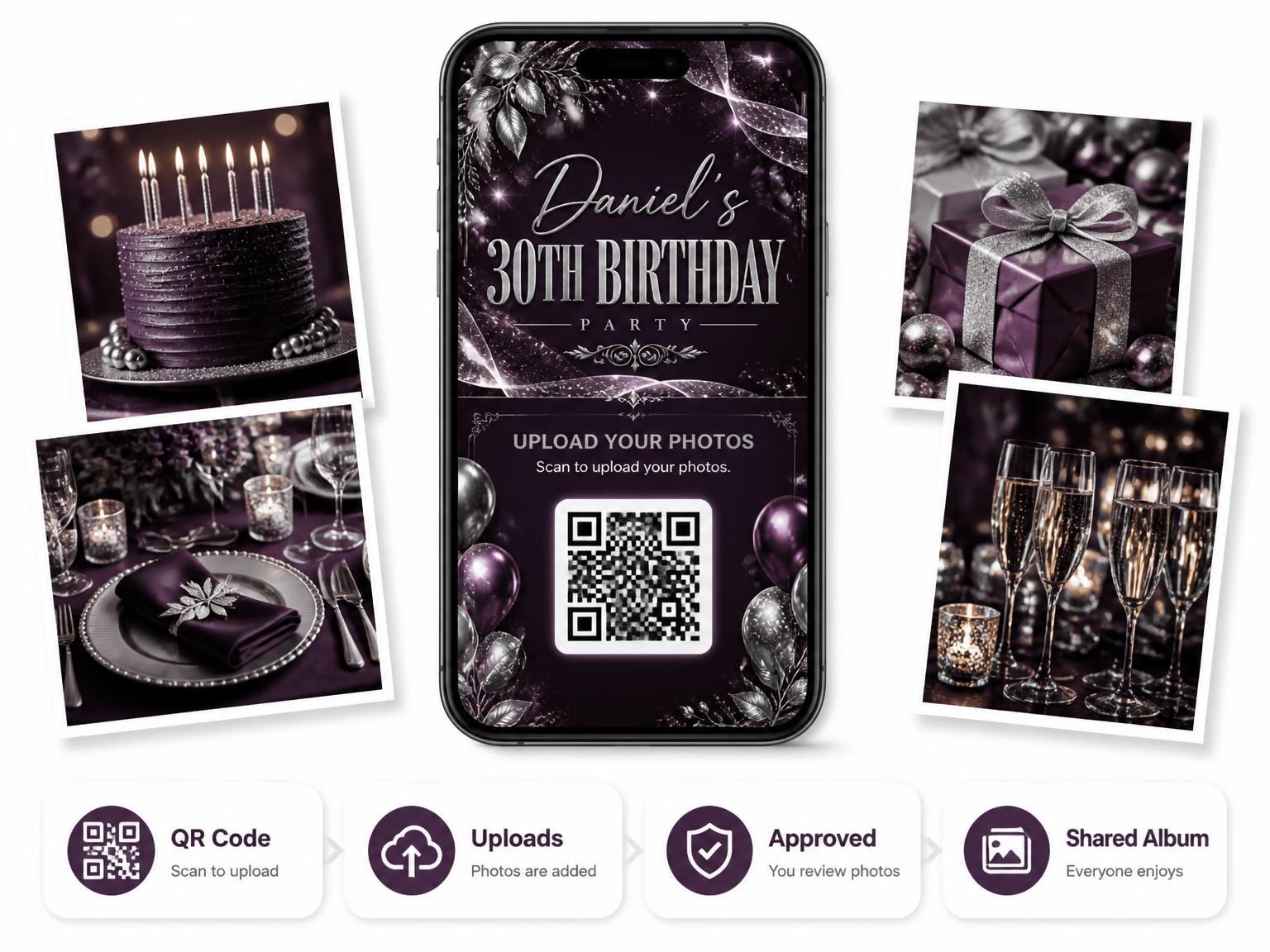 The shared photo gallery that comes with the Plum and Silver 30th Birthday Invitation invitation
