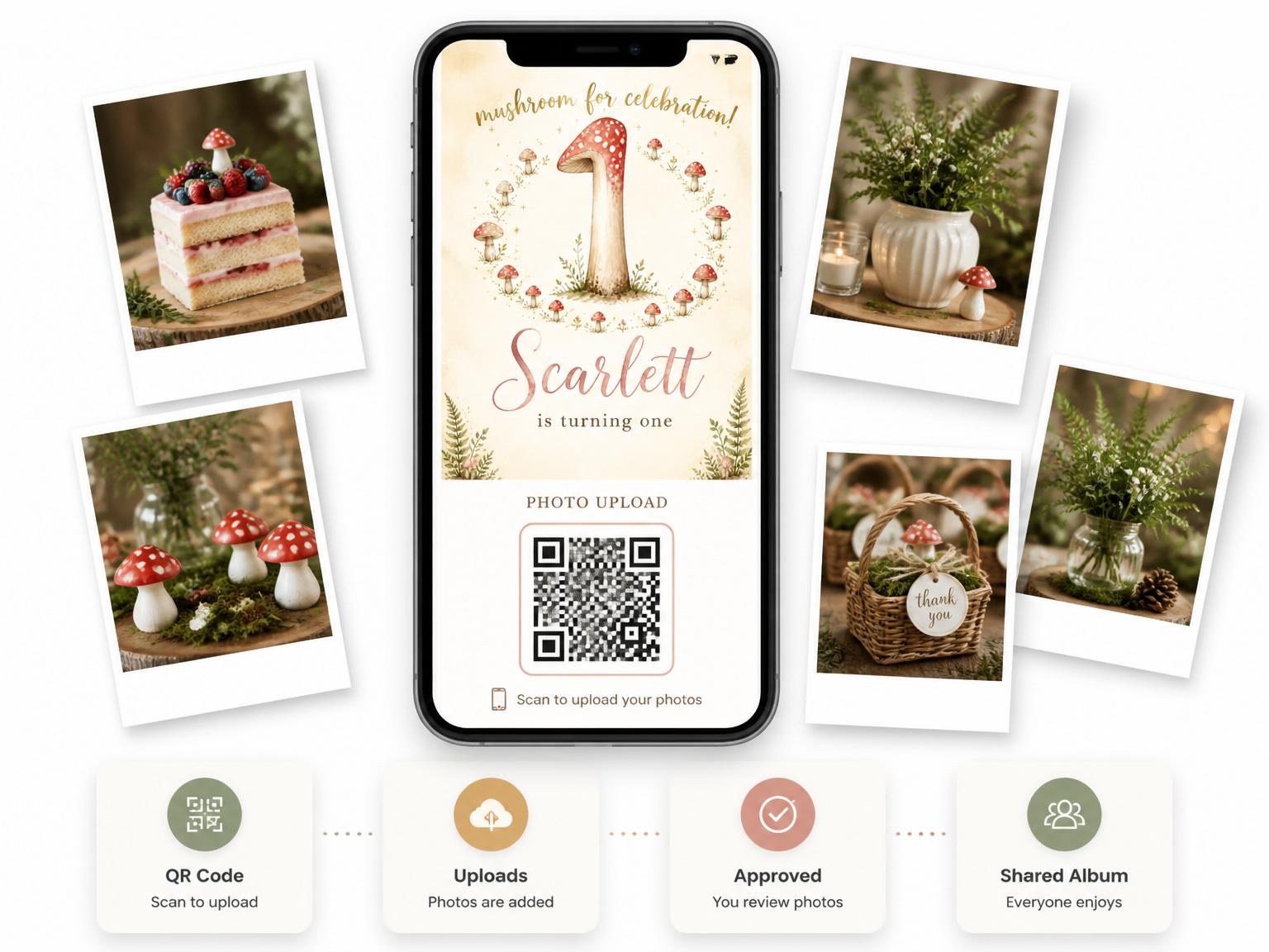 The shared photo gallery that comes with the Woodland Mushroom 1st Birthday Invitation invitation