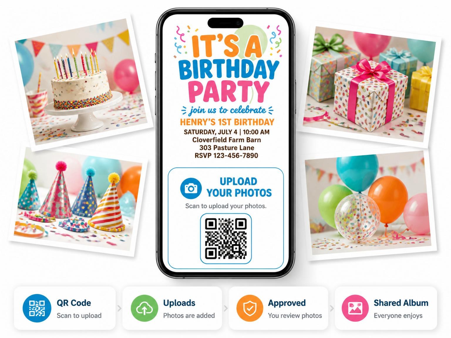 The shared photo gallery that comes with the Primary Color Confetti 1st Birthday Invitation invitation