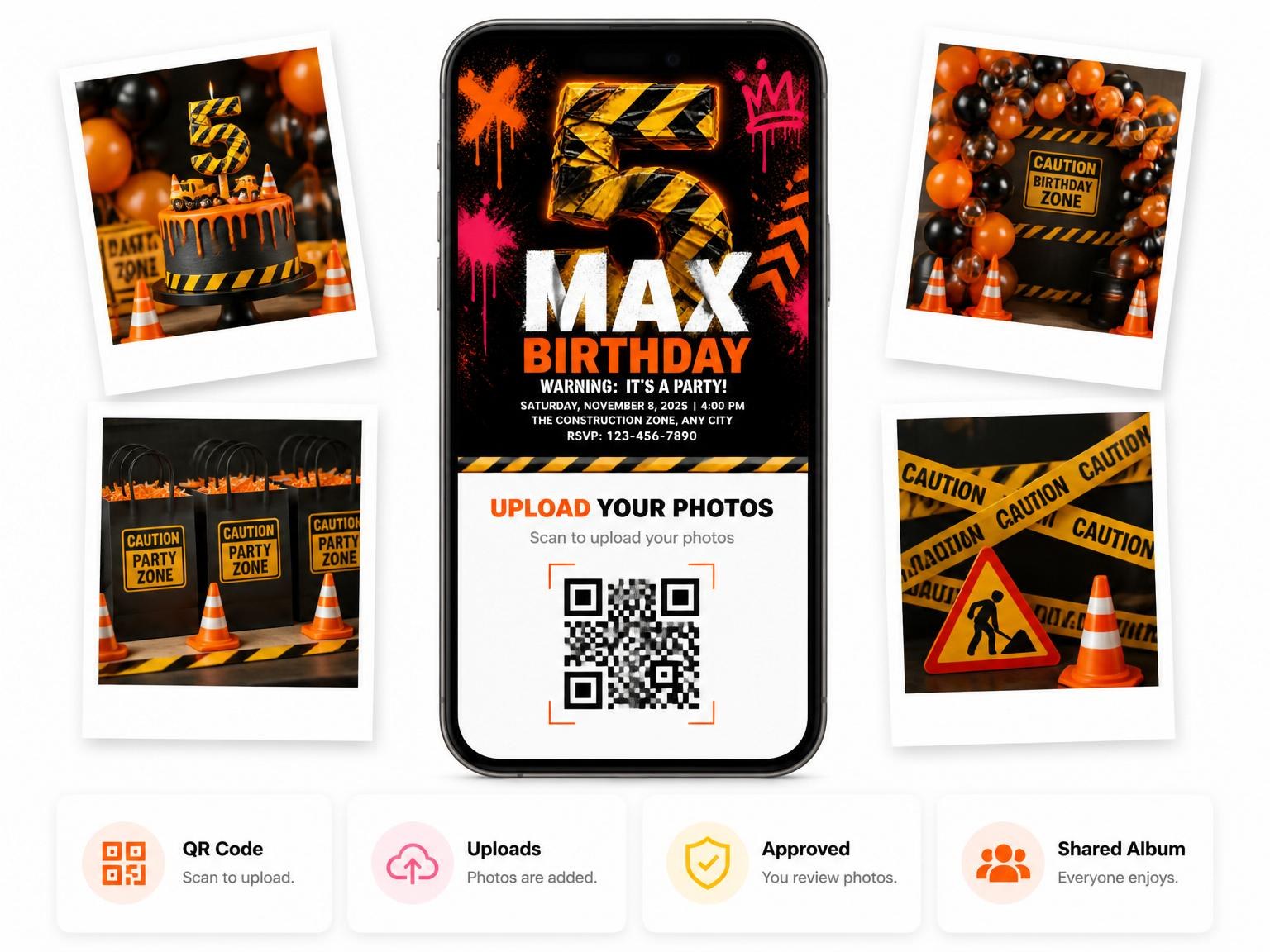 The shared photo gallery that comes with the Neon Caution Tape 5th Birthday Invitation invitation