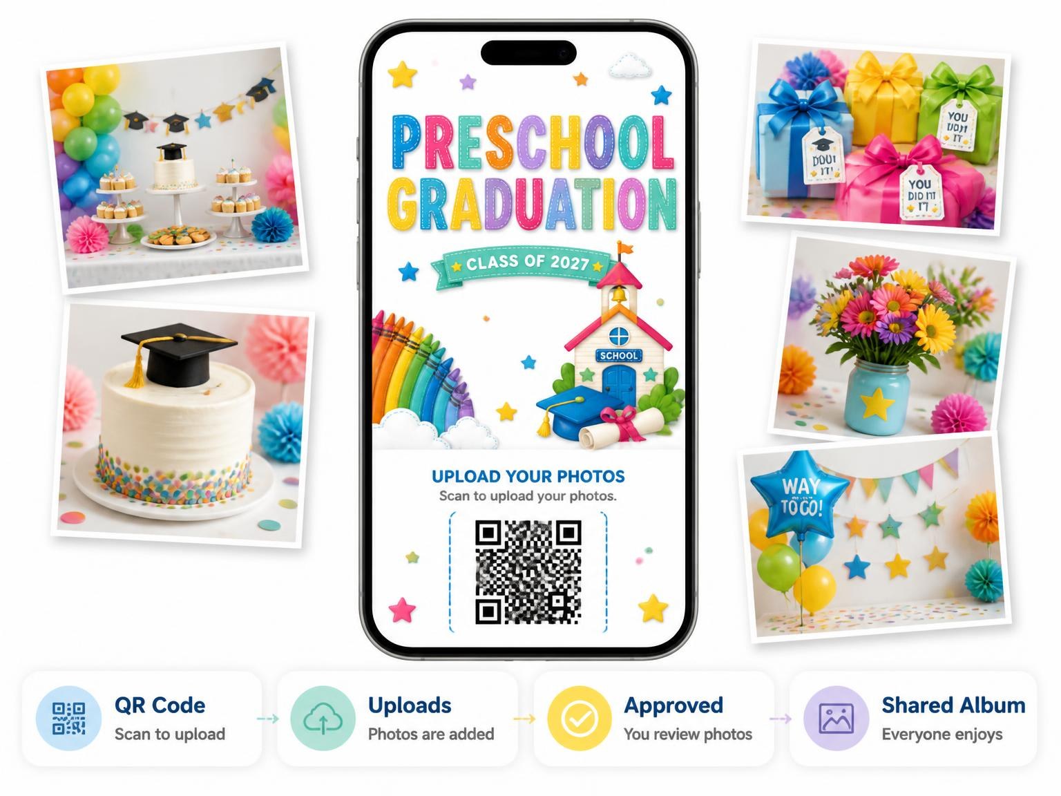 The shared photo gallery that comes with the Rainbow Crayons Preschool Graduation Invitation invitation