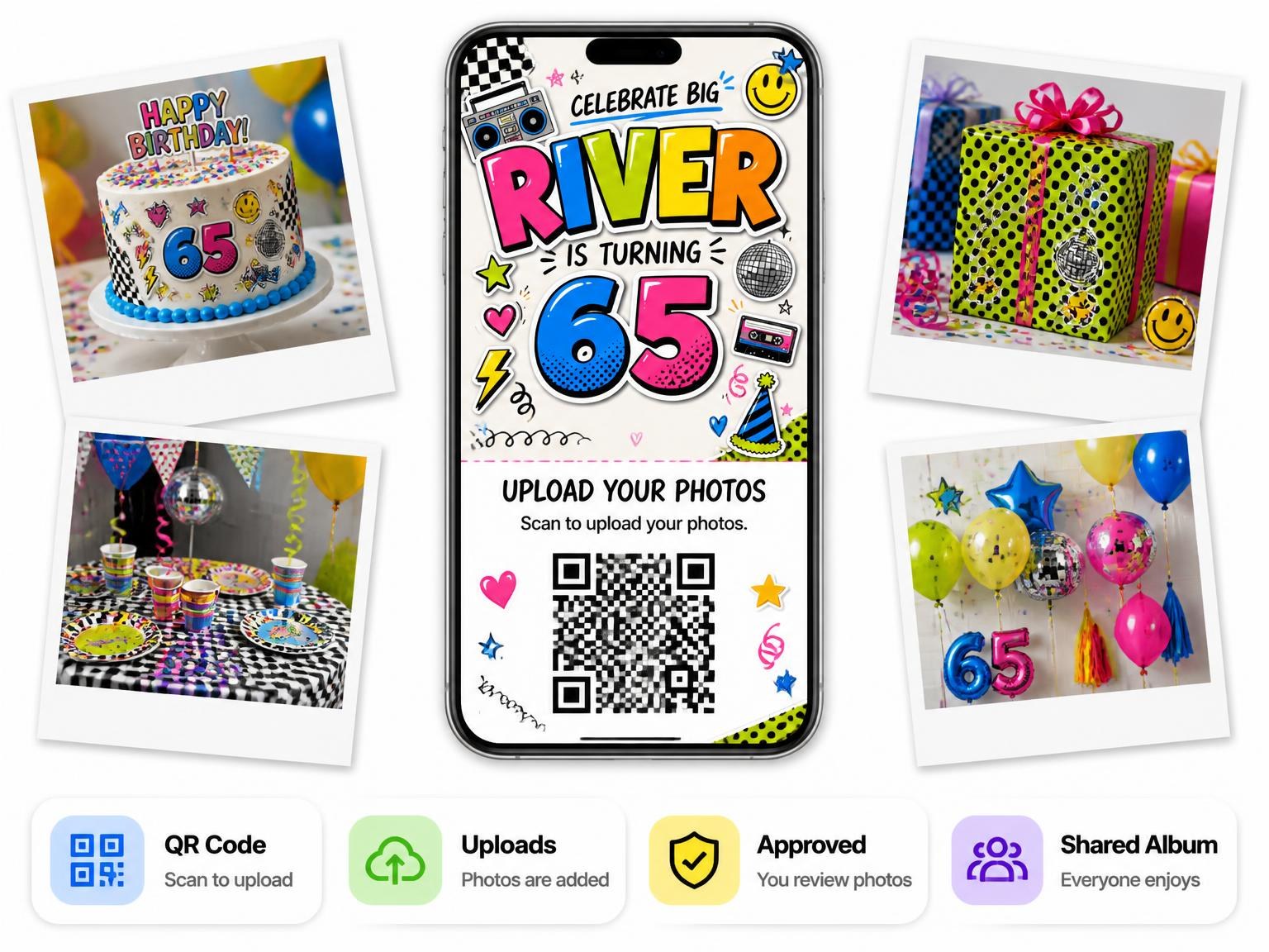 The shared photo gallery that comes with the Sticker Pop 65th Birthday Invitation invitation