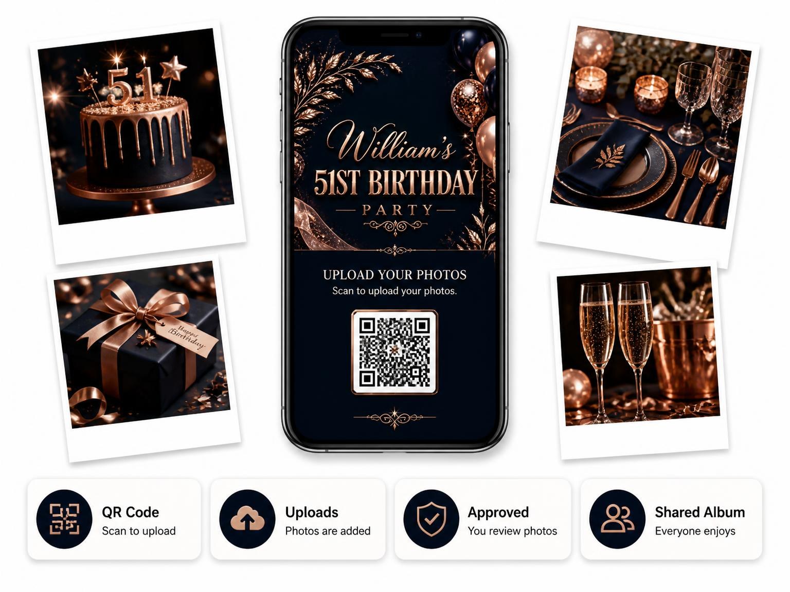 The shared photo gallery that comes with the Navy and Rose Gold 51st Birthday Invitation invitation