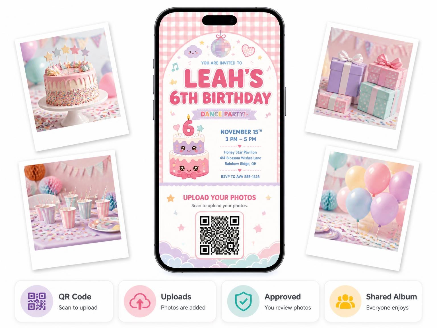 The shared photo gallery that comes with the Disco Ball Kawaii 6th Birthday Invitation invitation