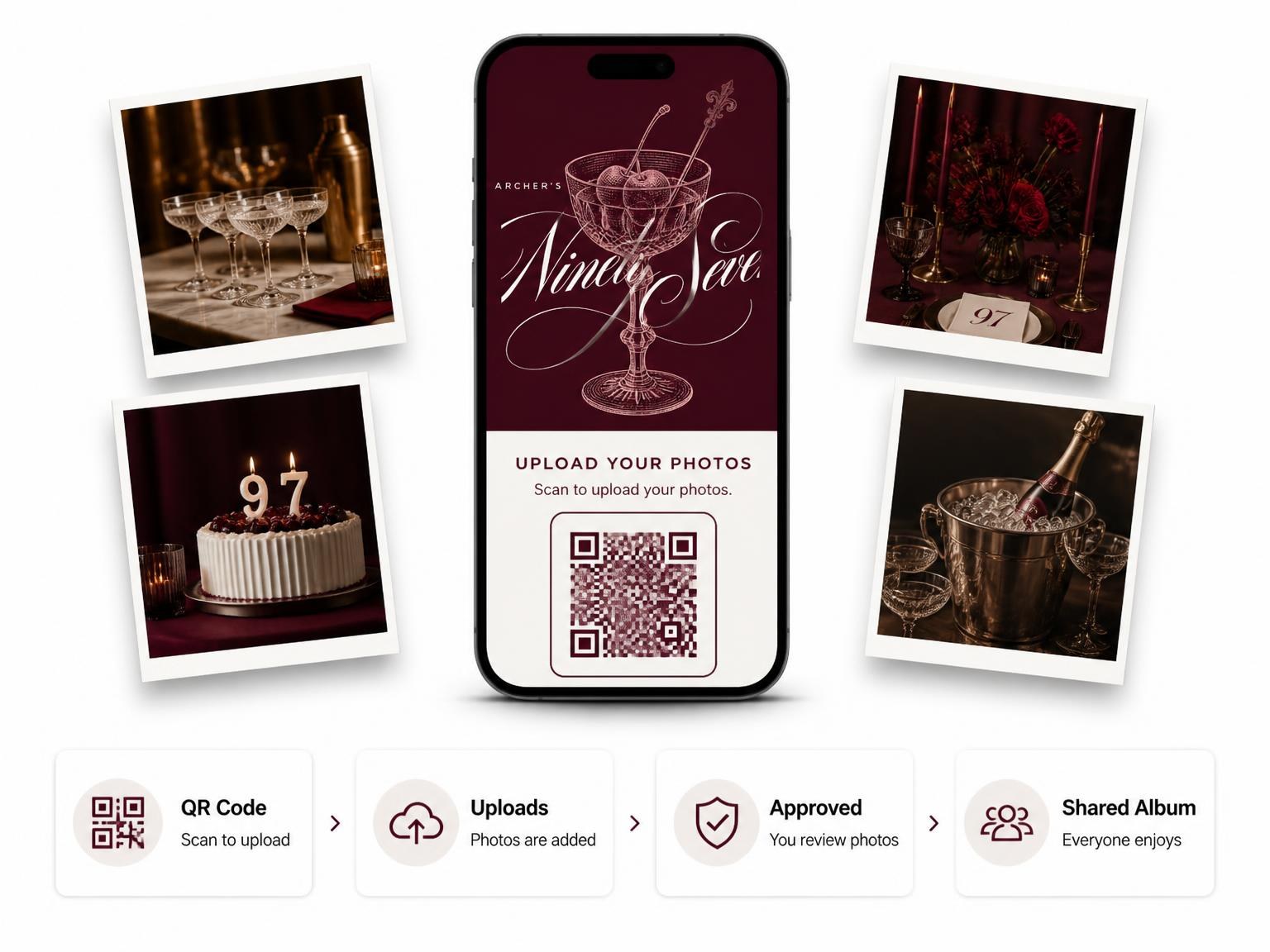 The shared photo gallery that comes with the Burgundy Cocktail 97th Birthday Invitation invitation