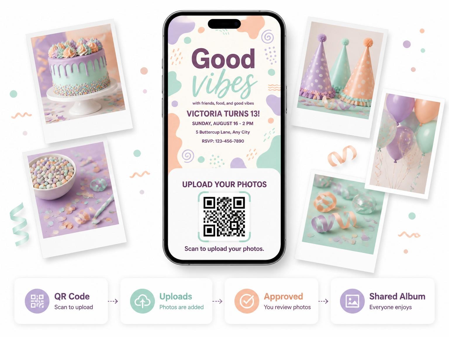 The shared photo gallery that comes with the Pastel Abstract Pattern 13th Birthday invitation
