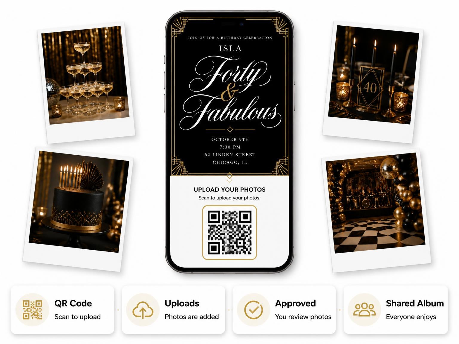 The shared photo gallery that comes with the Art Deco Fan 40th Birthday Invitation invitation