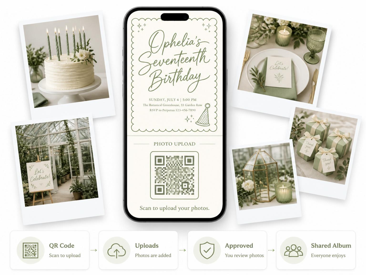 The shared photo gallery that comes with the Sage Green Scalloped 17th Birthday Invitation invitation