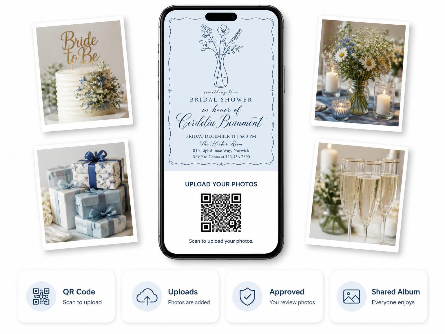 The shared photo gallery that comes with the Navy Line-Art Floral Bridal Shower invitation