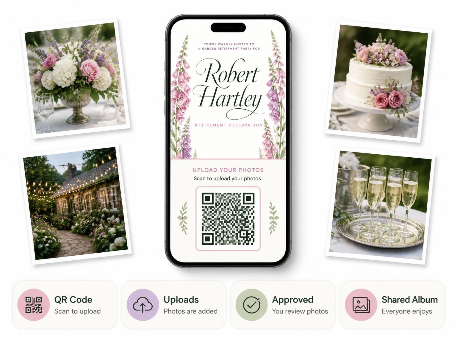 The shared photo gallery that comes with the Foxglove Floral Retirement Party Invitation invitation