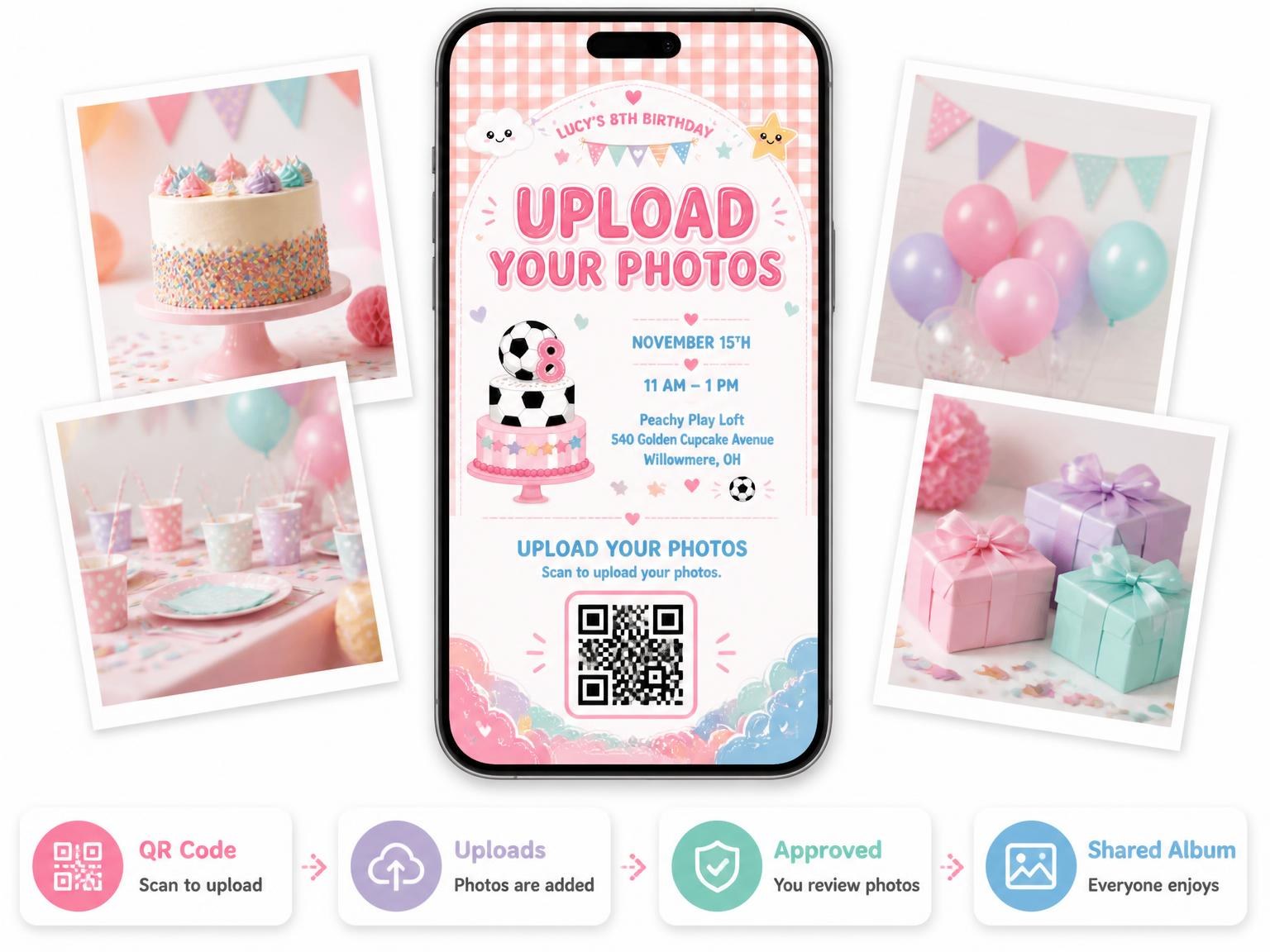 The shared photo gallery that comes with the Soccer Cake Kawaii 8th Birthday Invitation invitation