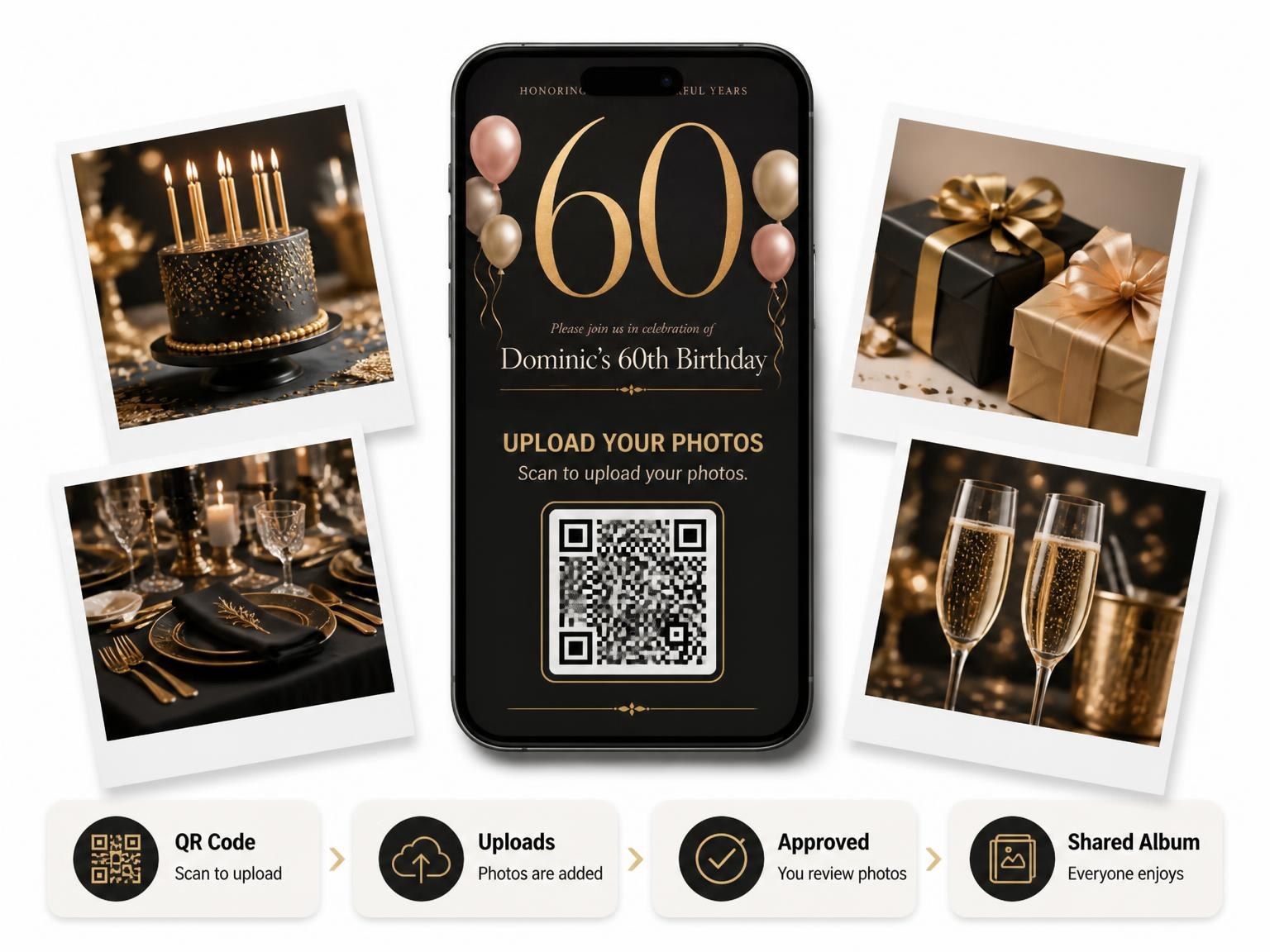 The shared photo gallery that comes with the Charcoal and Blush 60th Birthday Invitation invitation