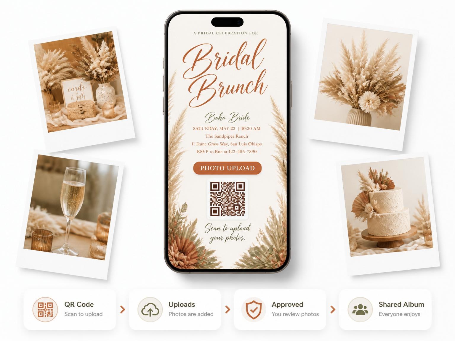 The shared photo gallery that comes with the Parchment Pampas Grass Bridal Brunch invitation