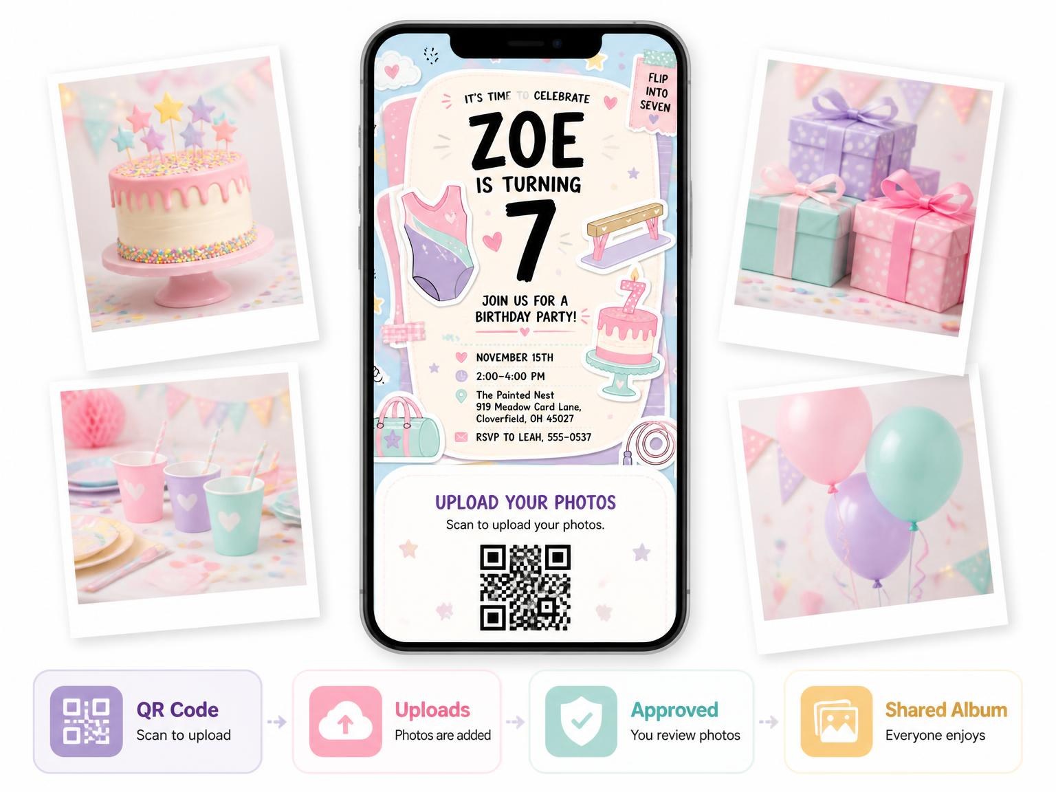 The shared photo gallery that comes with the Gymnastics Leotard 7th Birthday Invitation invitation