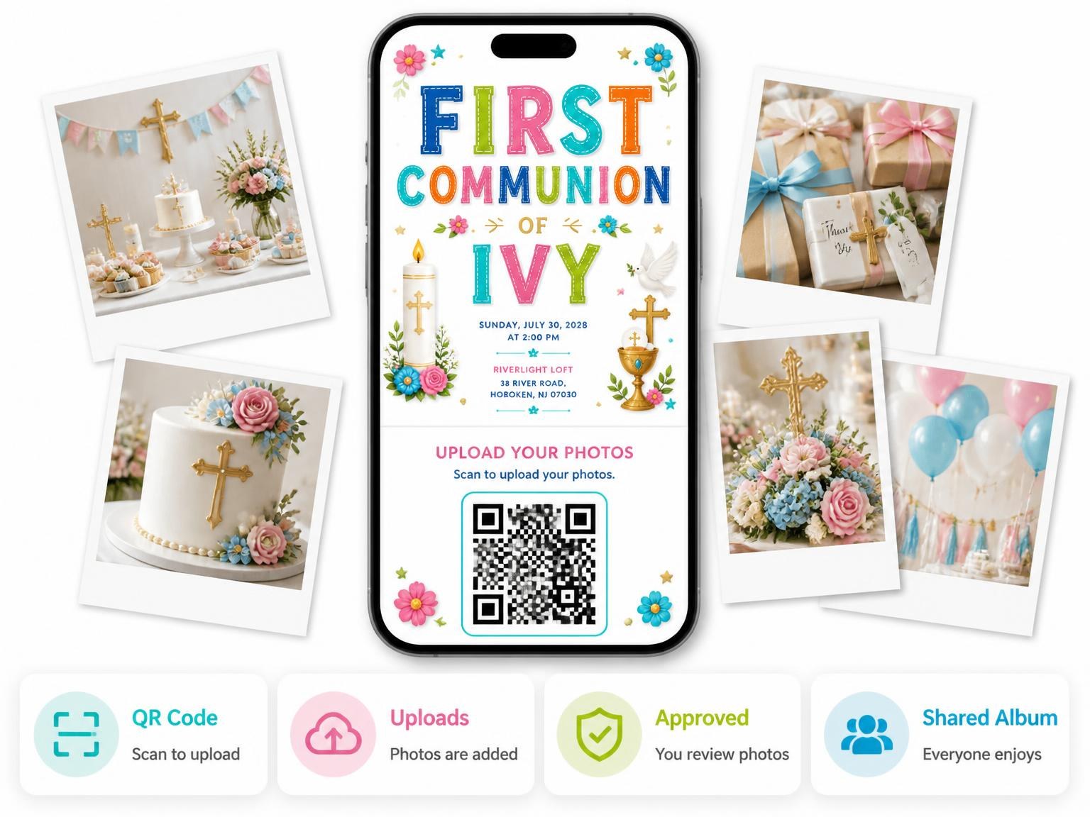 The shared photo gallery that comes with the Pink Candle First Communion Invitation invitation