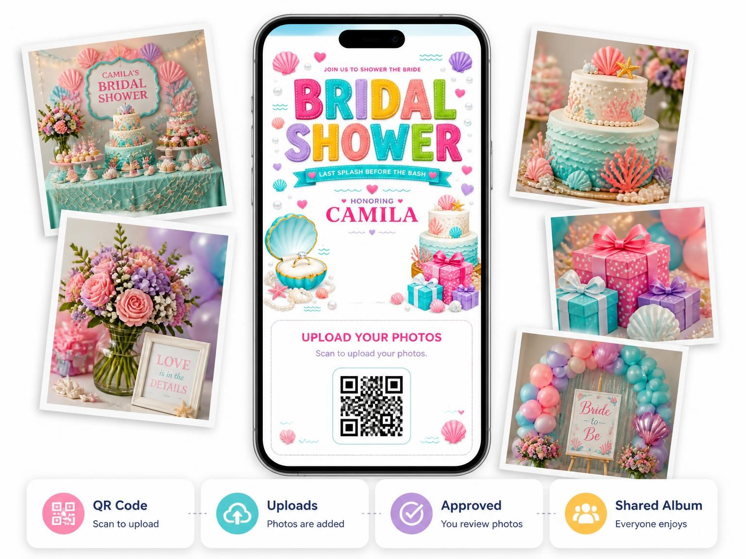 The shared photo gallery that comes with the Seashell Ring Bridal Shower Invitation invitation