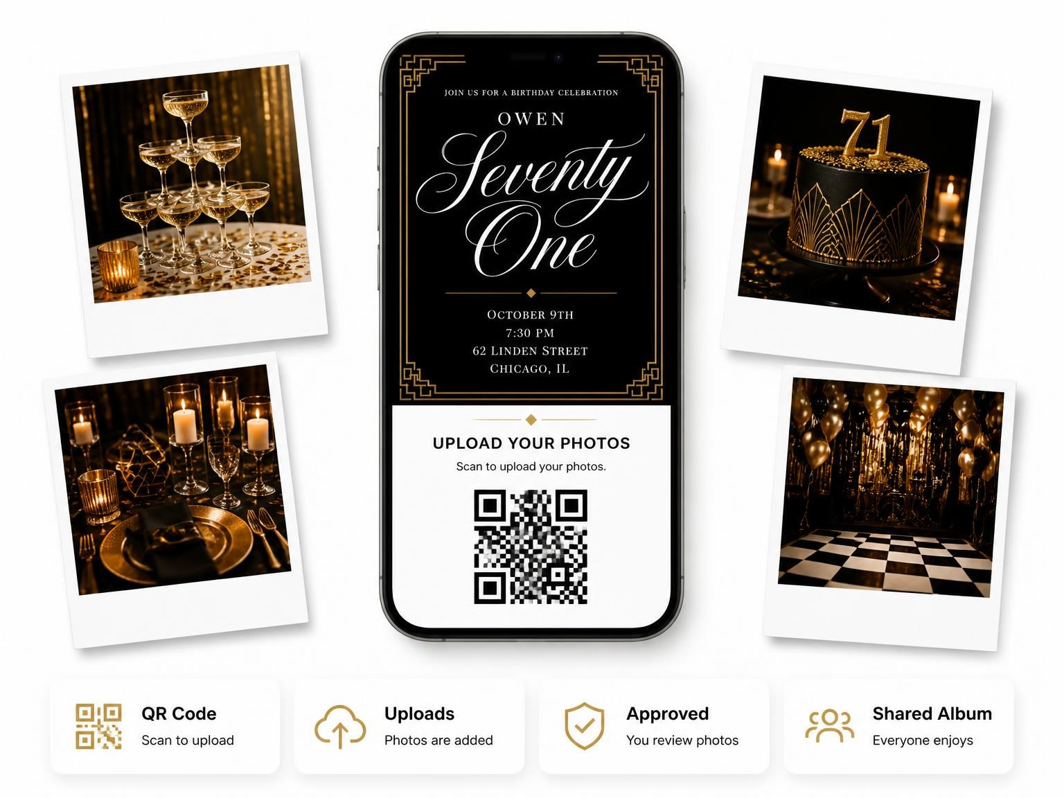 The shared photo gallery that comes with the Art Deco 71st Birthday Invitation invitation